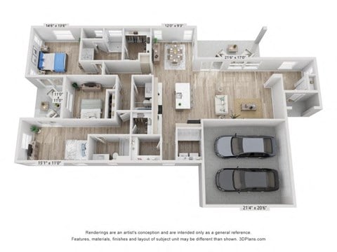 Floor plan for 3 beds, 3 baths, 1980 sqft